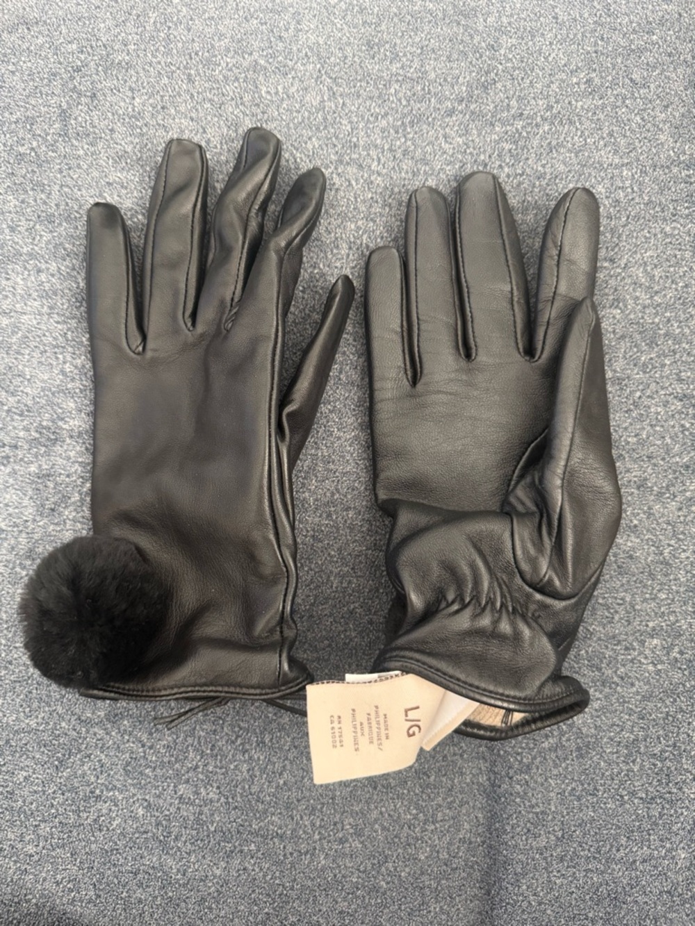 UGG Black Leather Gloves with Fur Poms